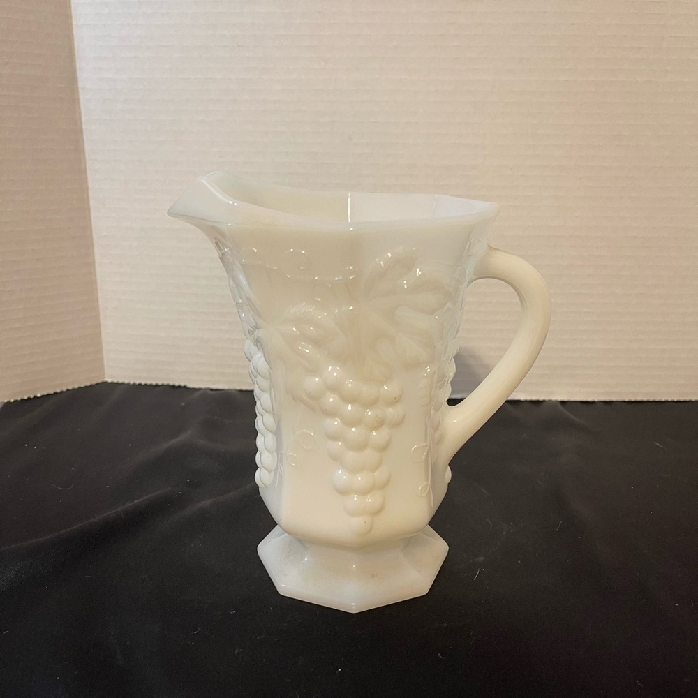 Elegant White Glass Pitcher with Grape Motif